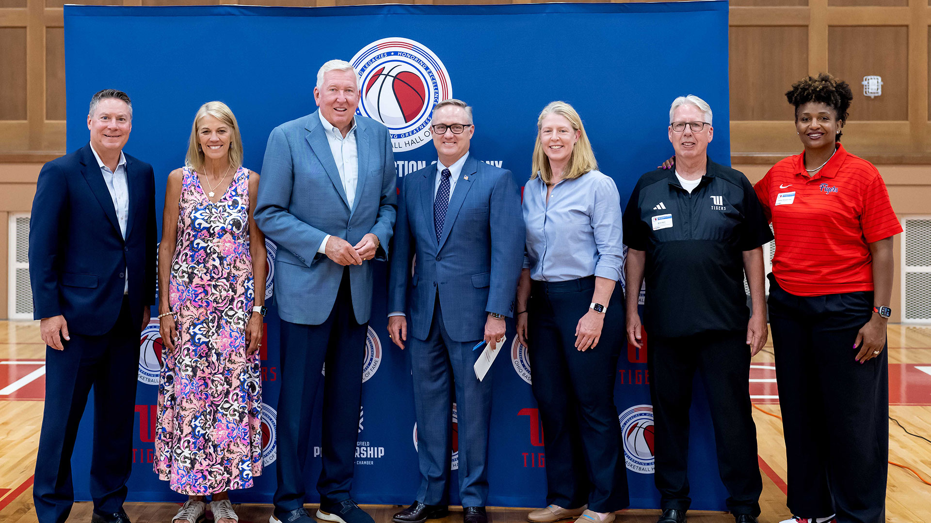 Pictured (L-R): Mike McDorman (Greater Springfield Partnership), Jeanne Gulick (Board President, OBHOF and HOF'er), Bill Hoskett, (Board Member, OBHOF and HOF'er), Mayor Rob Rue, Katie Smith (OSU WBK Assistant Coach and HOF'er), Brian Agler (Wittenberg AD and HOF'er), Tamika Williams-Jeter (UD WBK Head Coach and HOF'er)