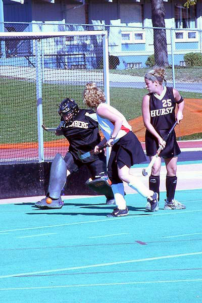 Jen Meyer kicks away another opponents' shot attempt during a 3-1 win over Mercyhurst.